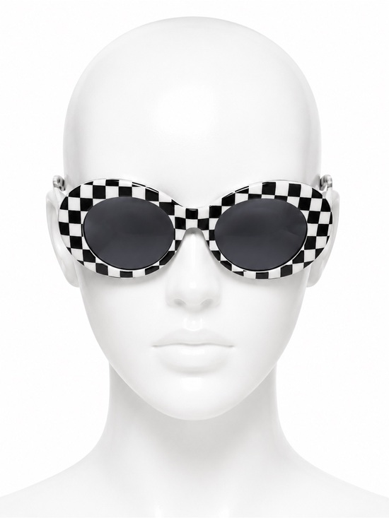 petals and Peacocks Nevermind Accessories - Vintage Petals and Peacocks Checkerboard Oval Sunglasses - Black and White